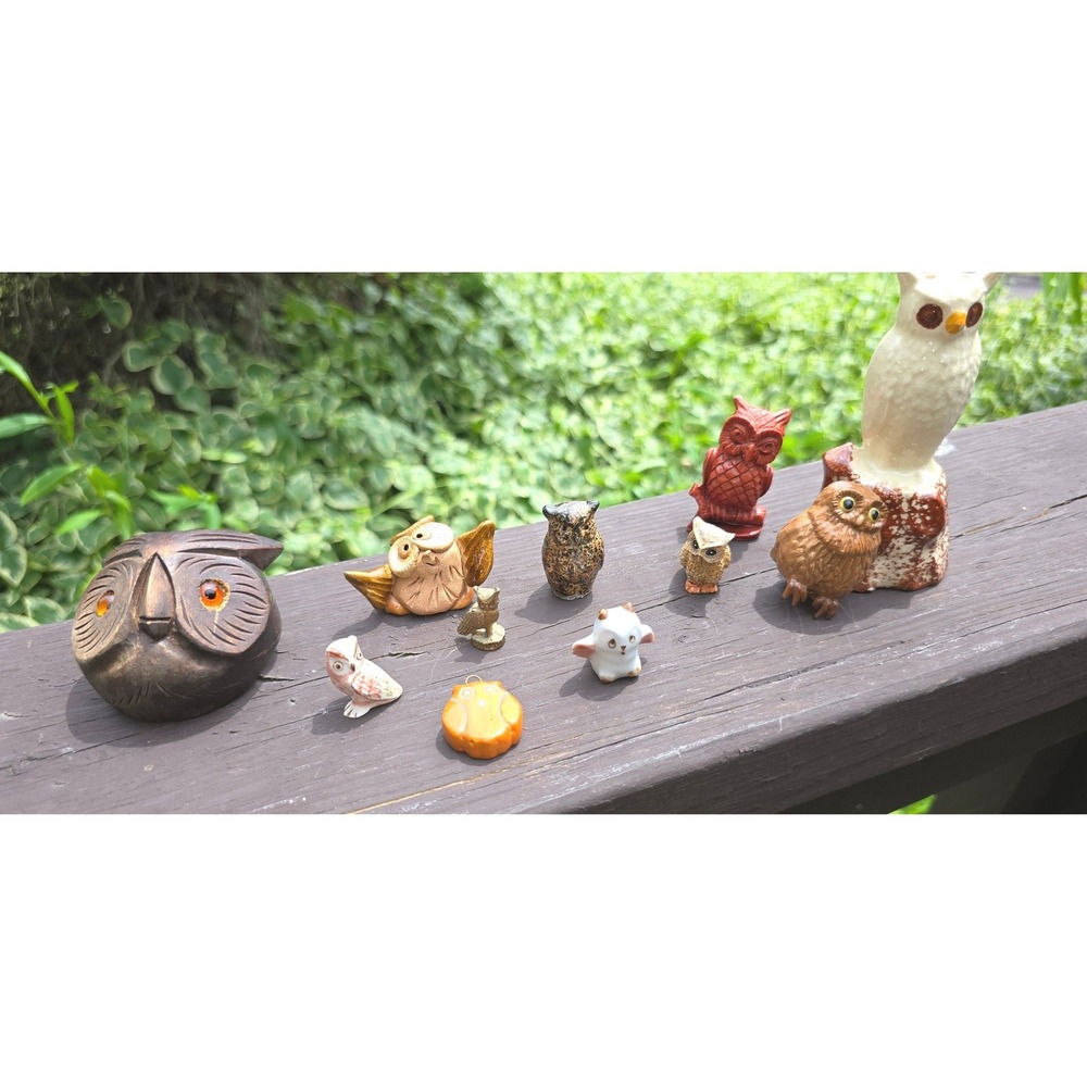 Vintage Miniature Owl Figurine Lot of 11 Mixed Media Ceramic Wood Brass